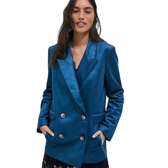 Anthropologie Beckett Shimmer Corduroy Blazer Blue Size Medium - Picture 1 of 14